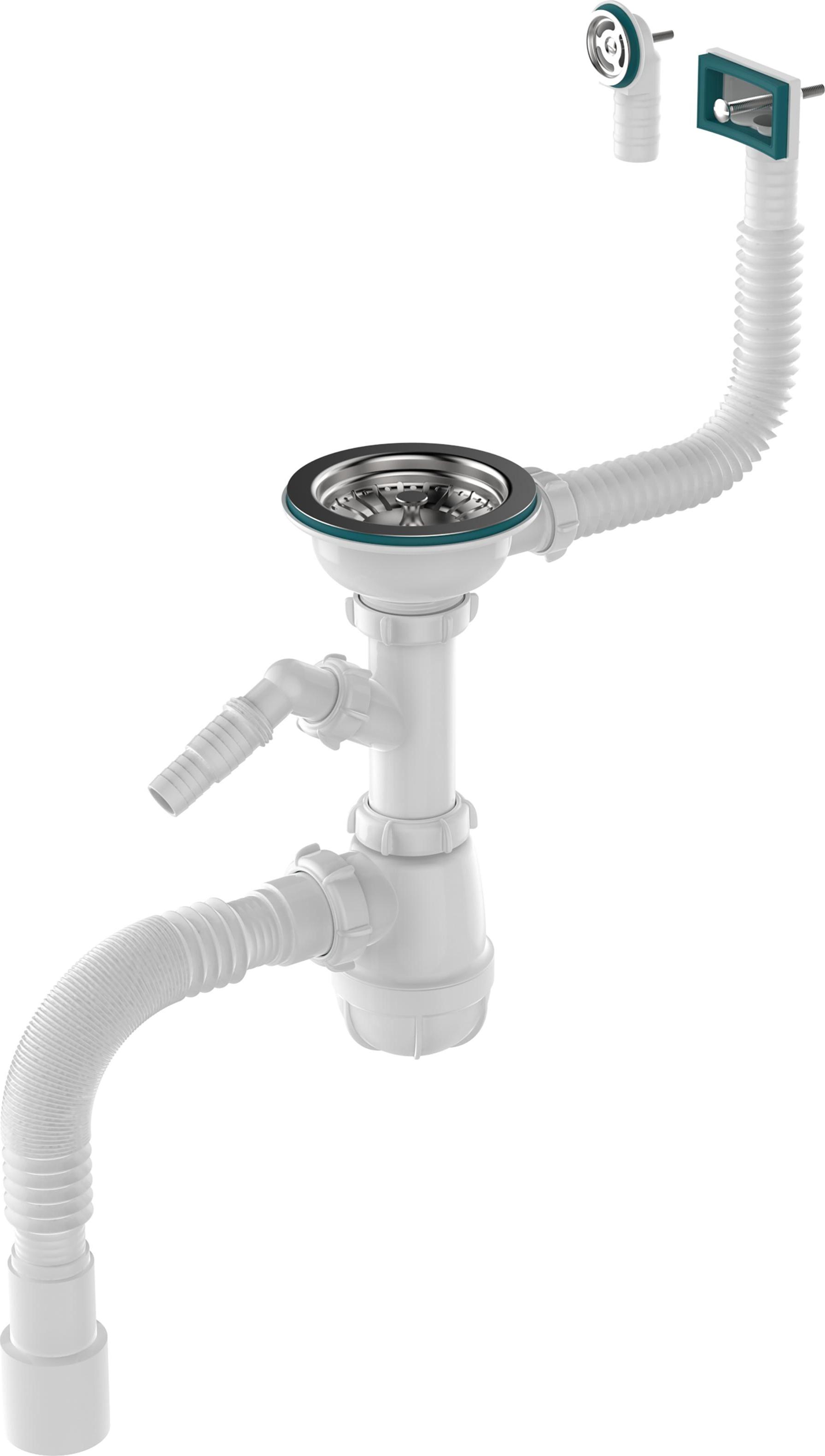 Aquant Сифон для мойки 3 1/2" х40 с металлической решеткой с прямоугольным и круглым переливами с отводом для стиральной машины с гофротрубой 40х40/50 (B0177-20-MR)